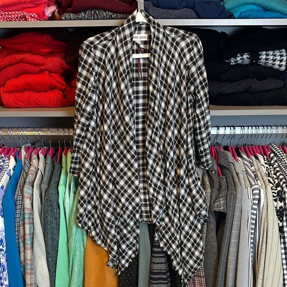 Knox Rose black/white plaid 3/4 sleeve open front waterfall kimono size S NWOT